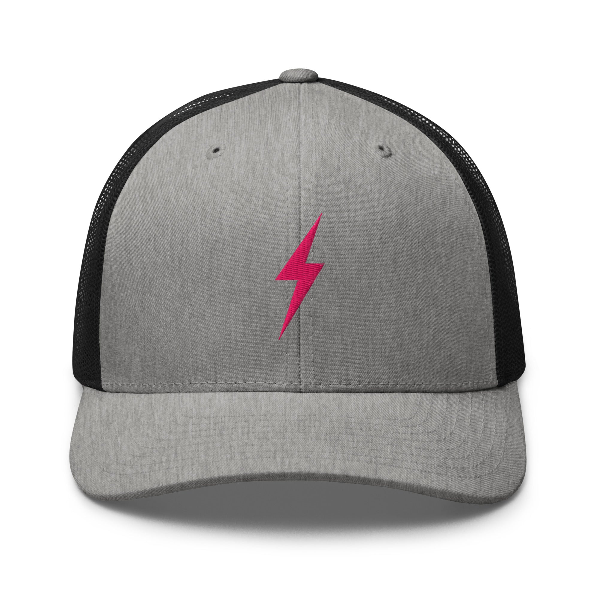 Grey and black trucker hat with pink lightning bolt design on front panel