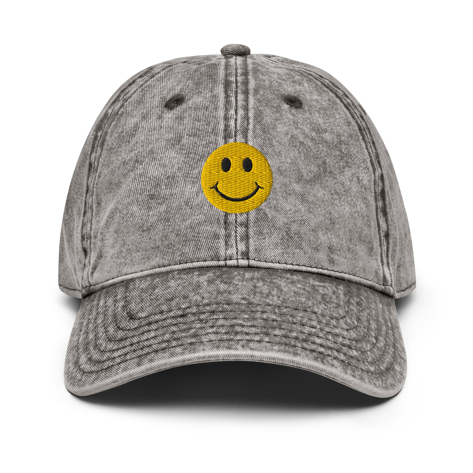 Grey smiley face embroidered baseball cap with adjustable fit, washed-out design for everyday wear and street style.