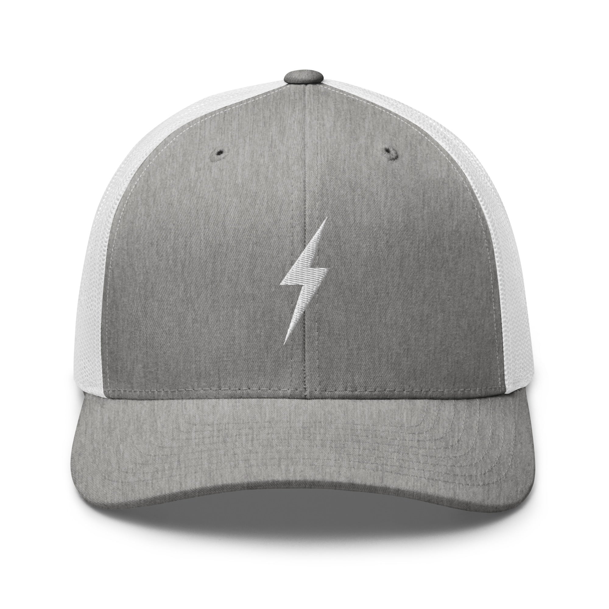 Grey and white trucker hat with a white lightning bolt design on front panel