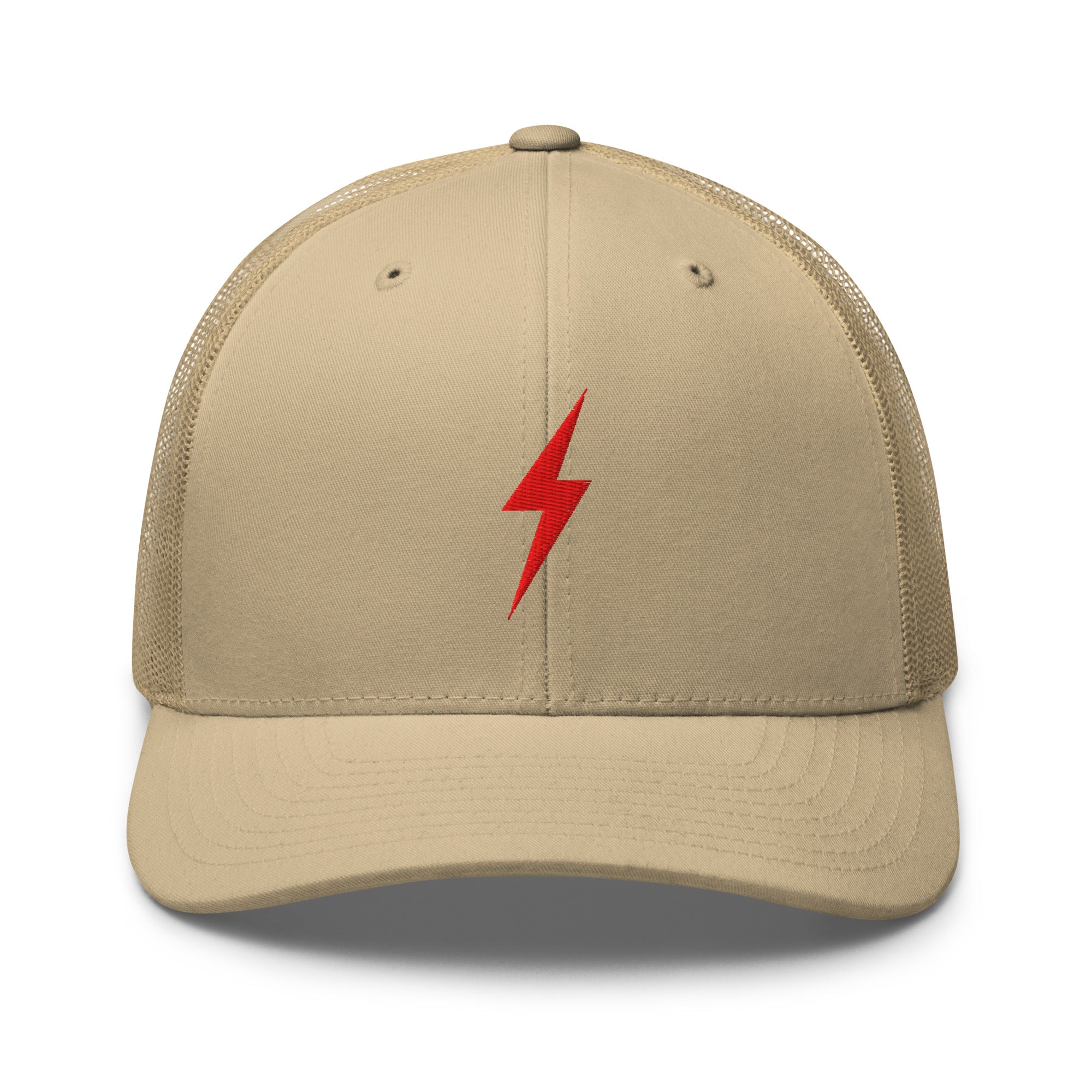Khaki trucker hat with a red lightning bolt design on front panel