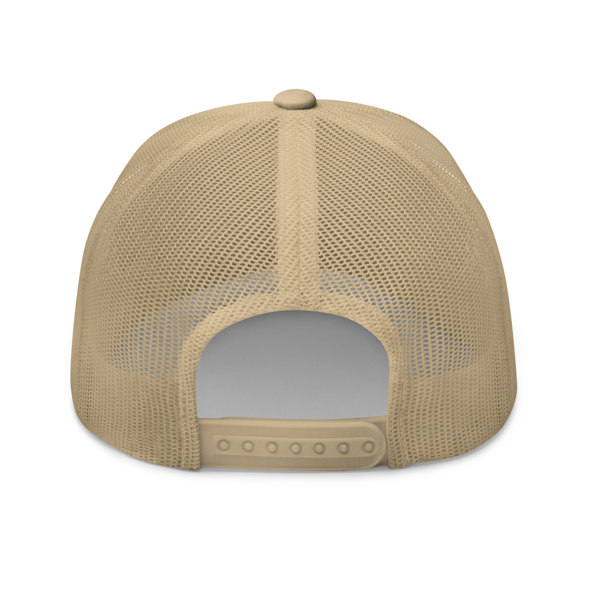 Rear view of khaki truckers cap with black star, adjustable snapback closure
