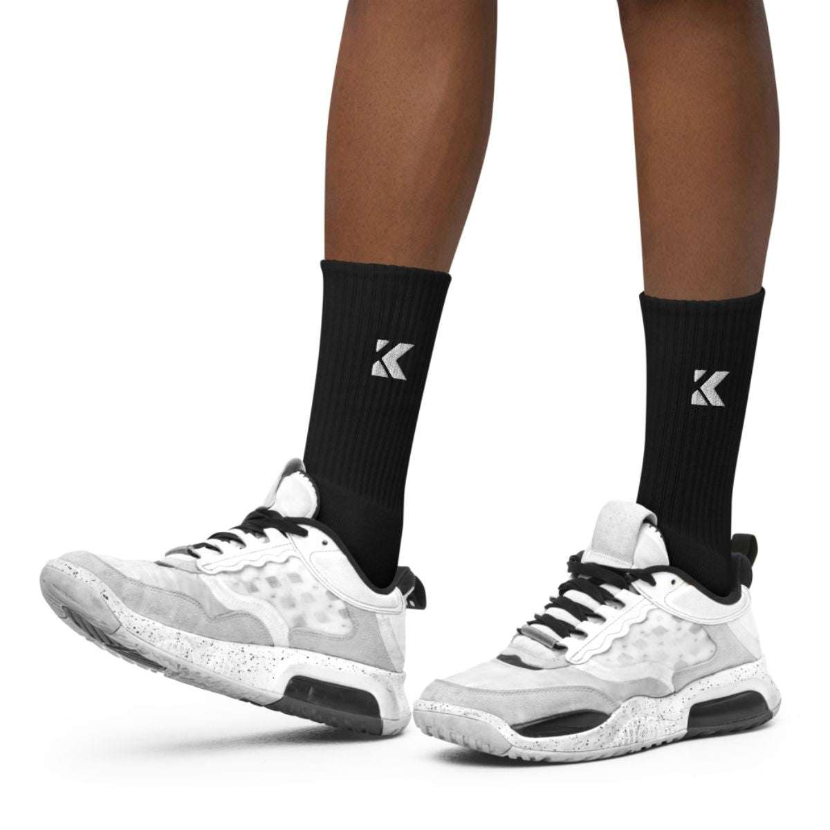 Kicks Black Cushioned Crew Socks styled with white sneakers for a clean everyday look