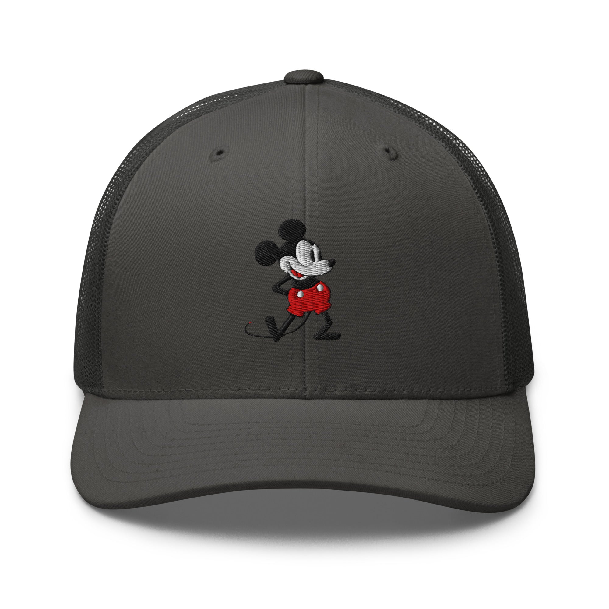 Charcoal trucker hat with a 1928 Mickey Mouse cartoon character embroidered on it.