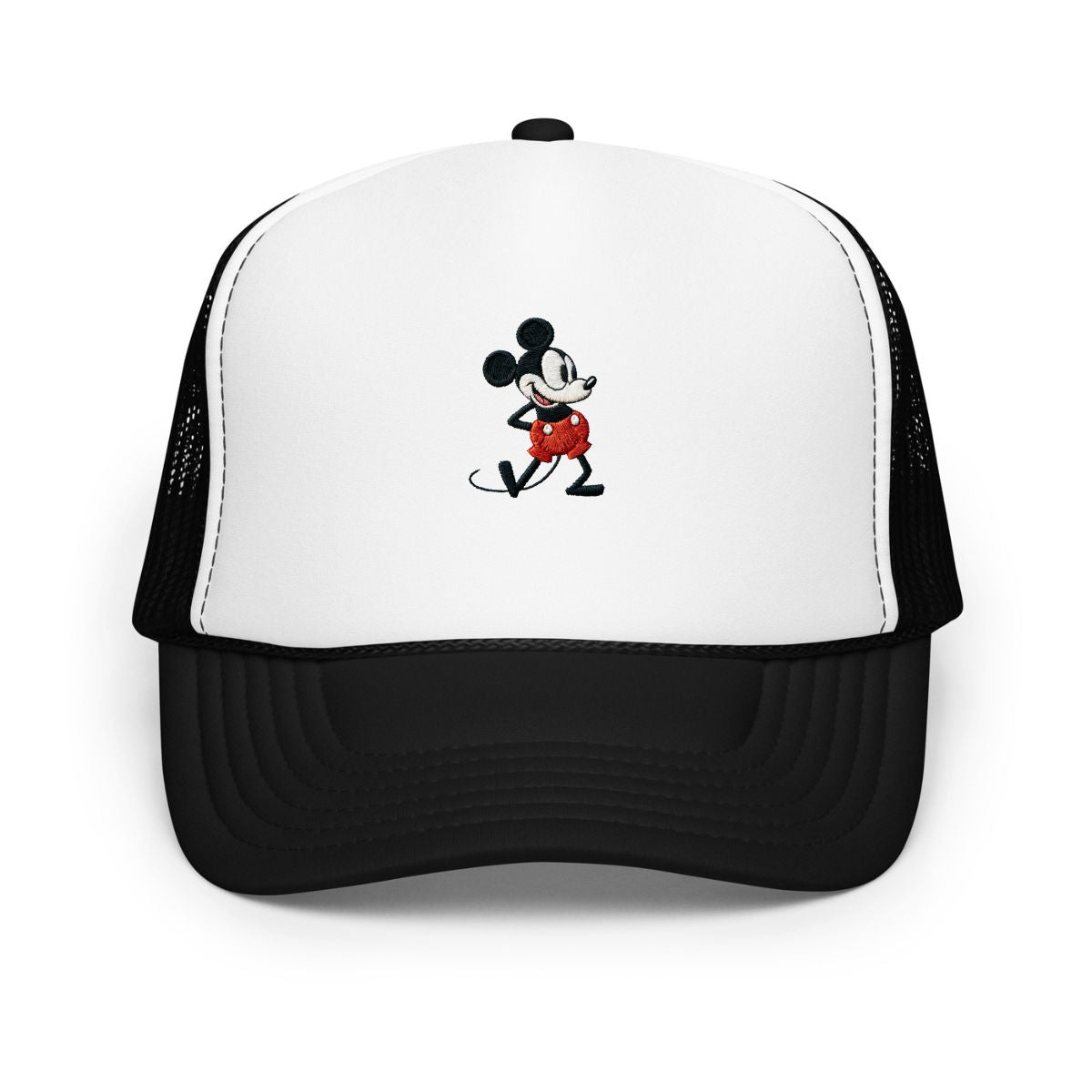 Black and white foam trucker hat with a 1928 Mickey Mouse cartoon character embroidered on it.