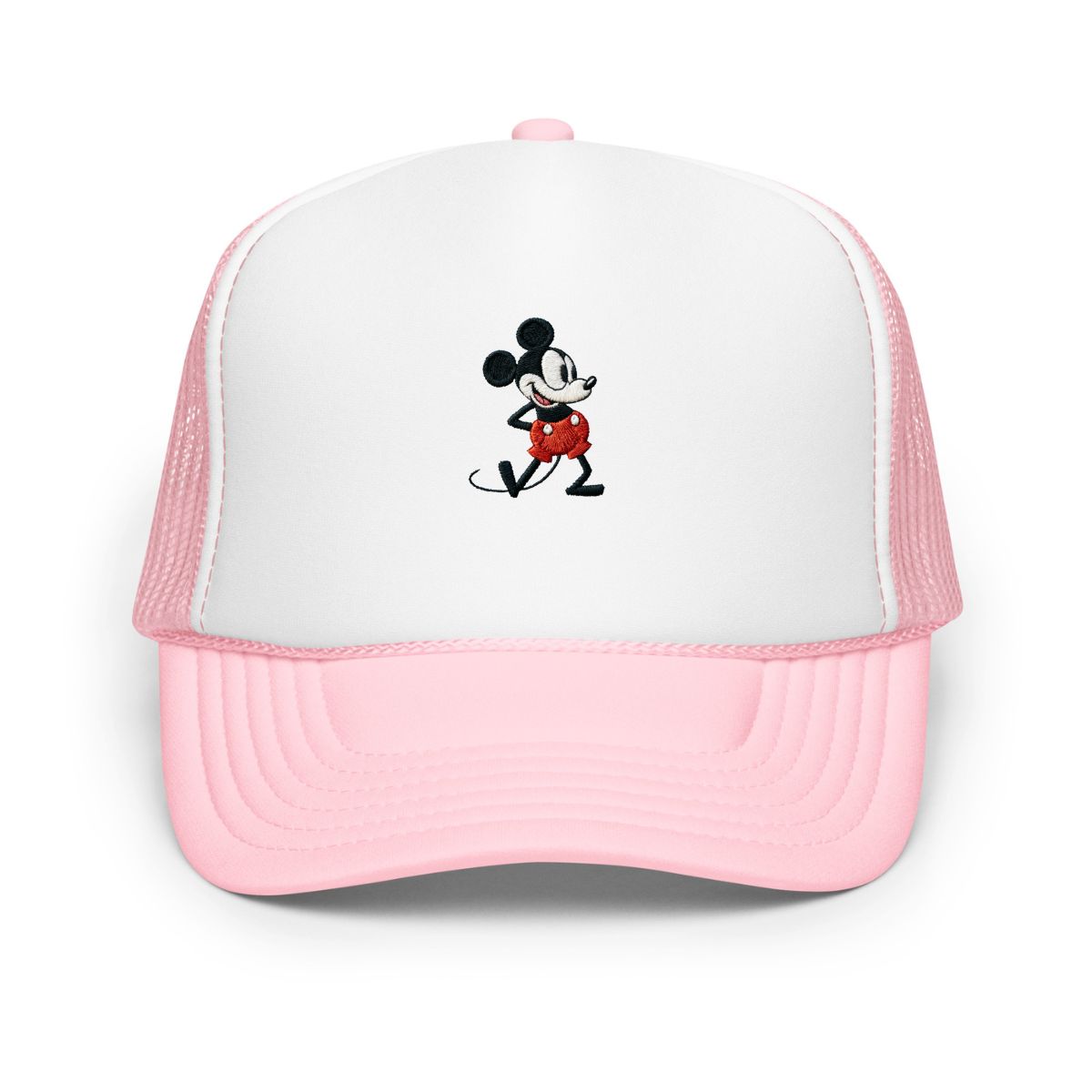 Pink and white foam trucker hat with a 1928 Mickey Mouse cartoon character embroidered on it.