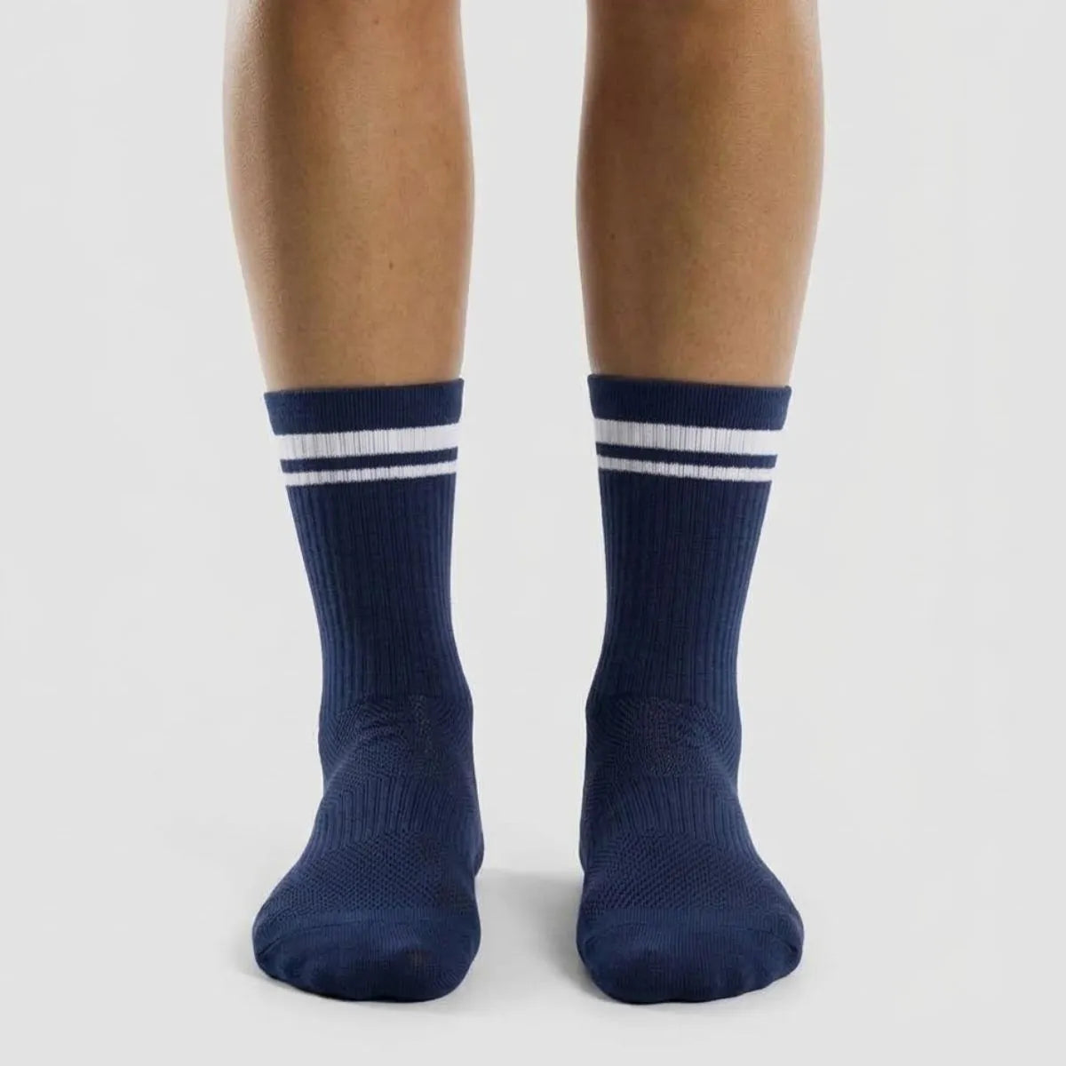 Navy blue athletic crew socks with breathable mesh by Kicks Shoelaces