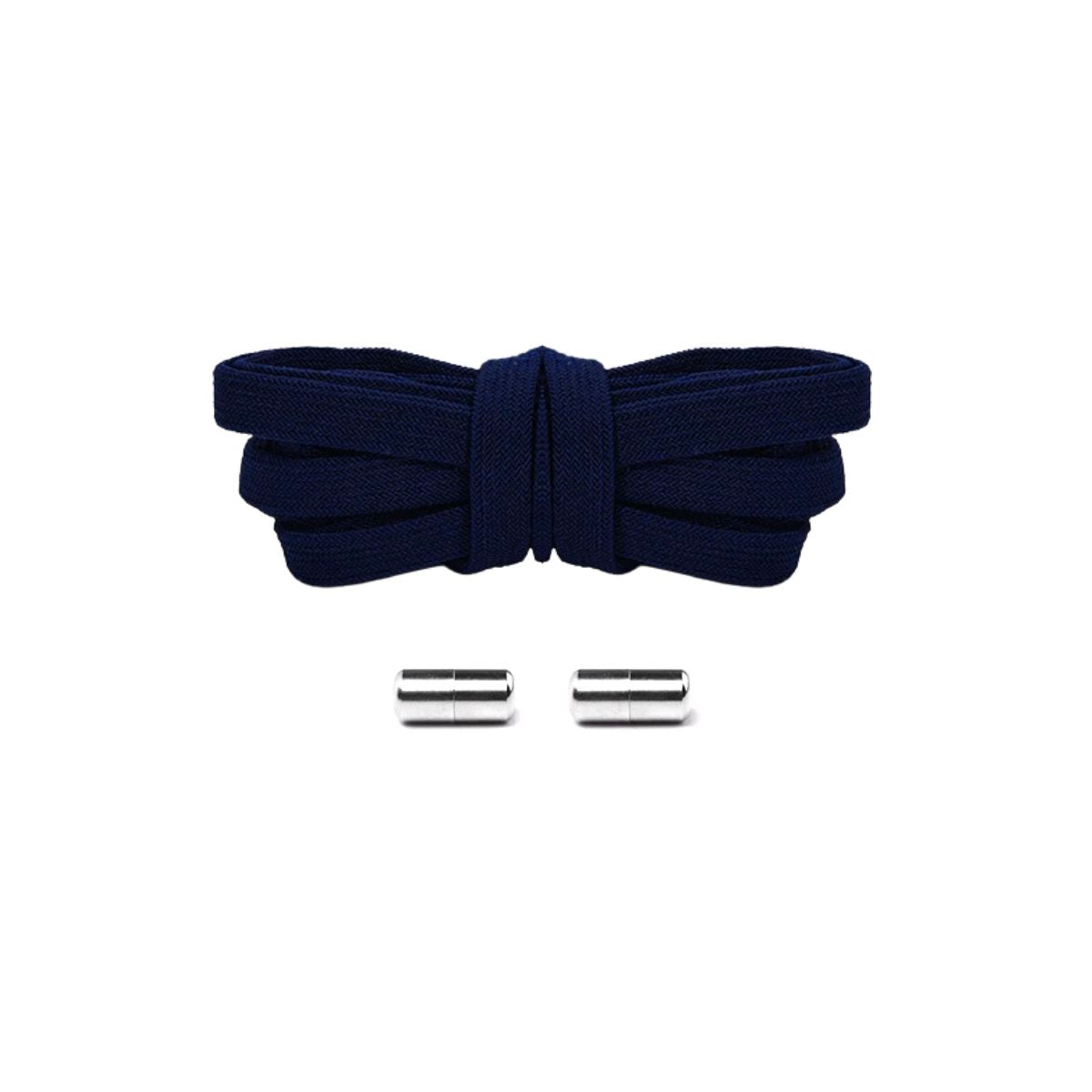 Navy blue elastic no-tie shoelaces with silver capsule lock system for a premium all-black sneaker finish, easy slip-on fit.