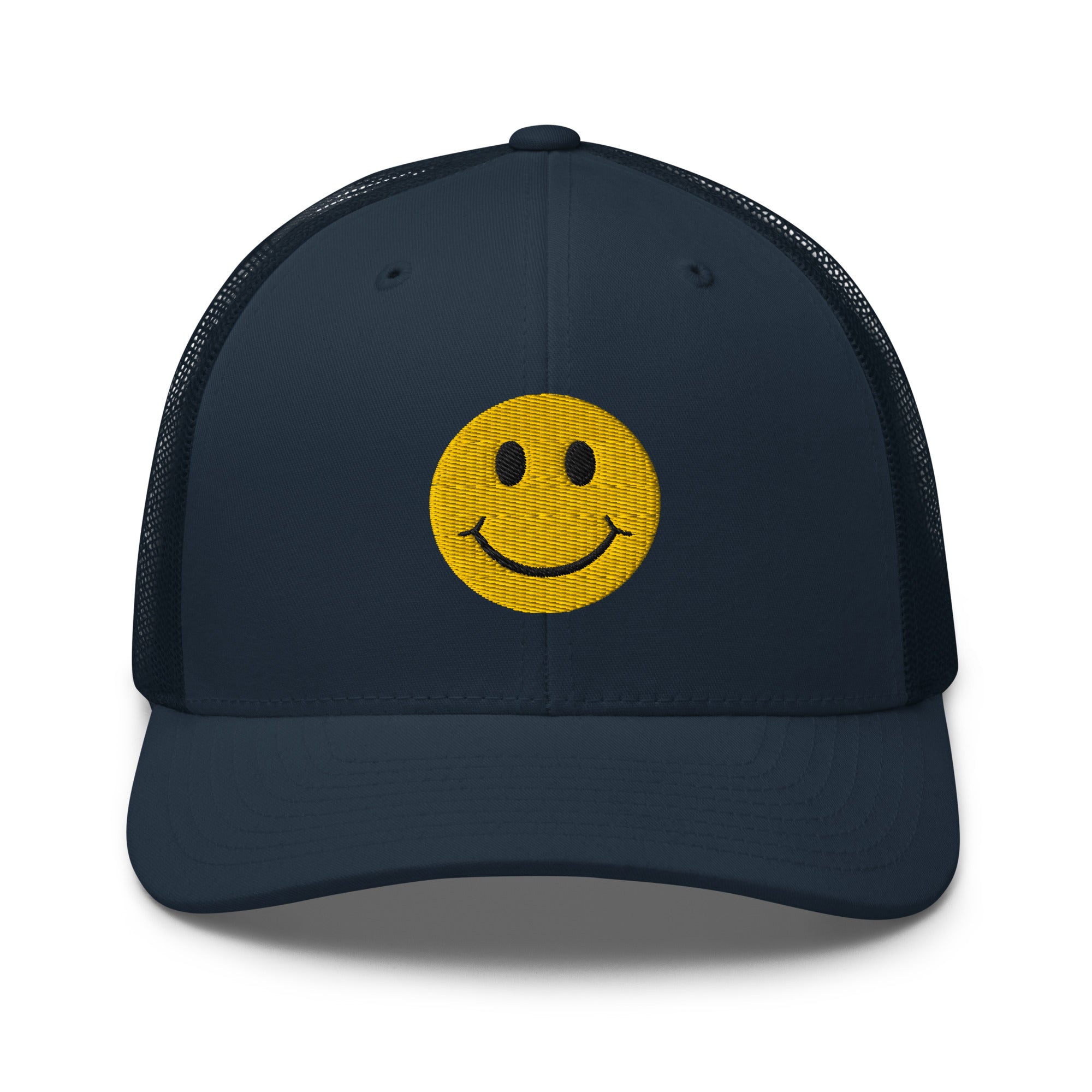 Navy smiley face embroidered trucker hat with adjustable mesh back, perfect for casual wear and streetwear style.