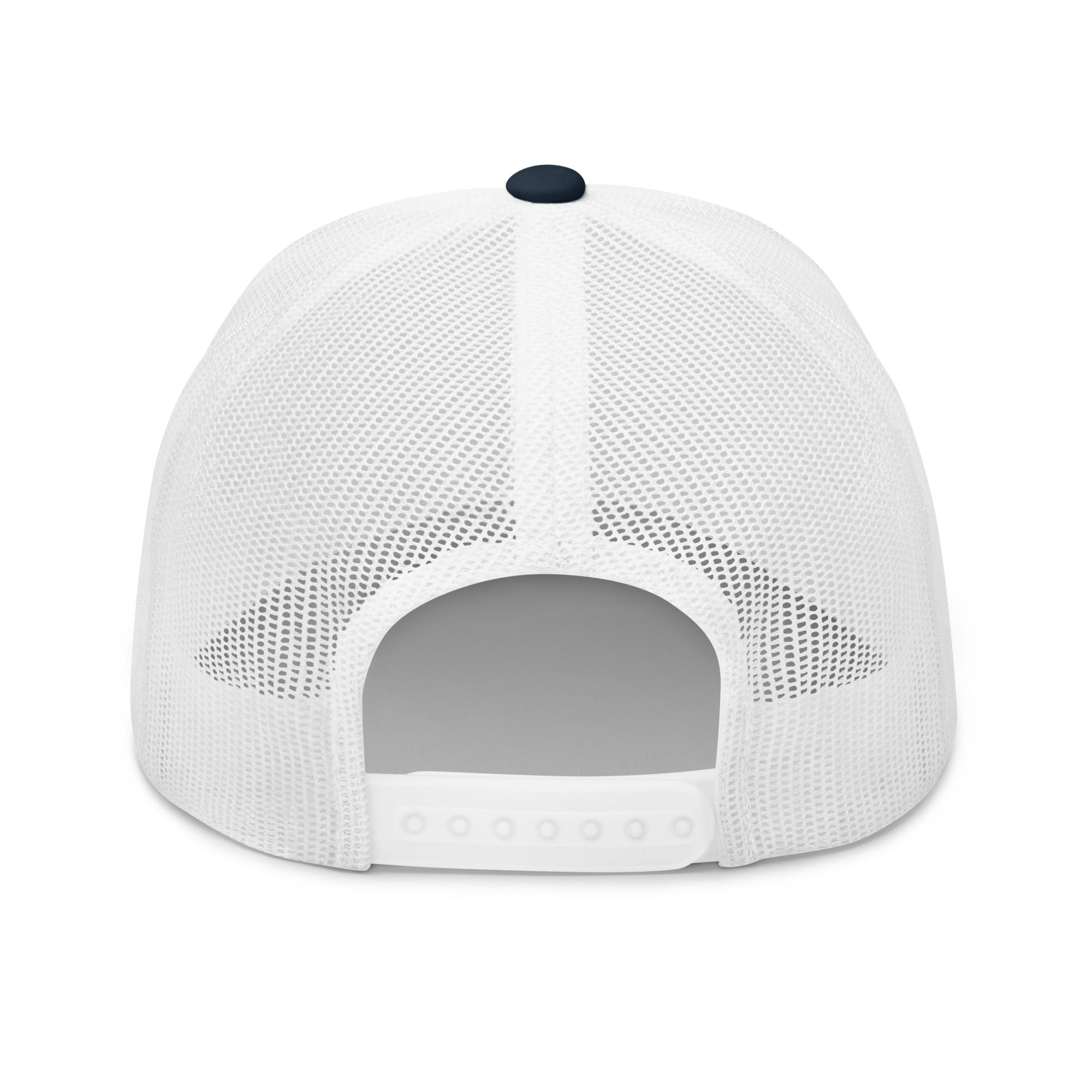 Rear view of navy and white truckers cap with black star, adjustable snapback closure