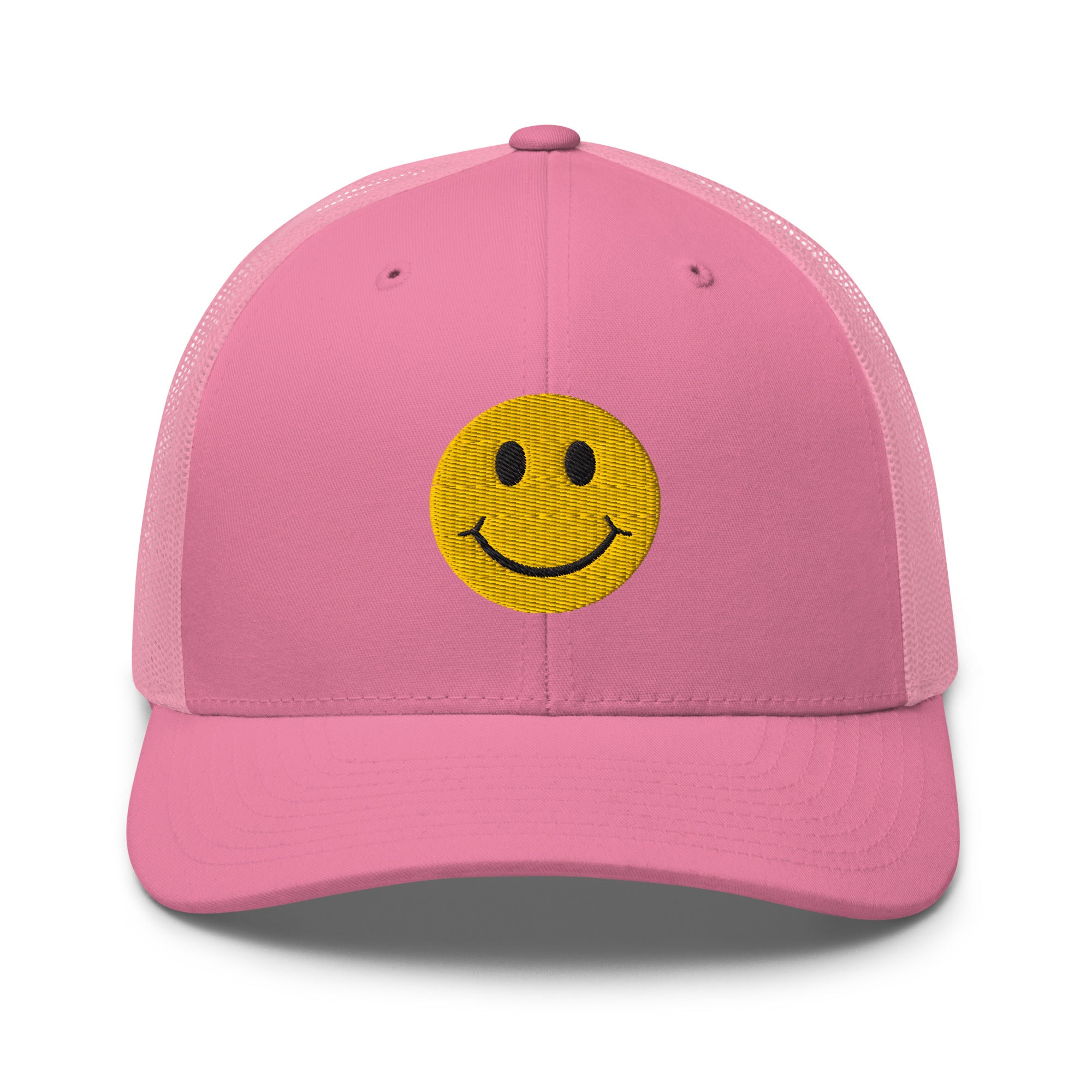 Pink smiley face embroidered trucker hat with adjustable mesh back, perfect for casual wear and streetwear style.