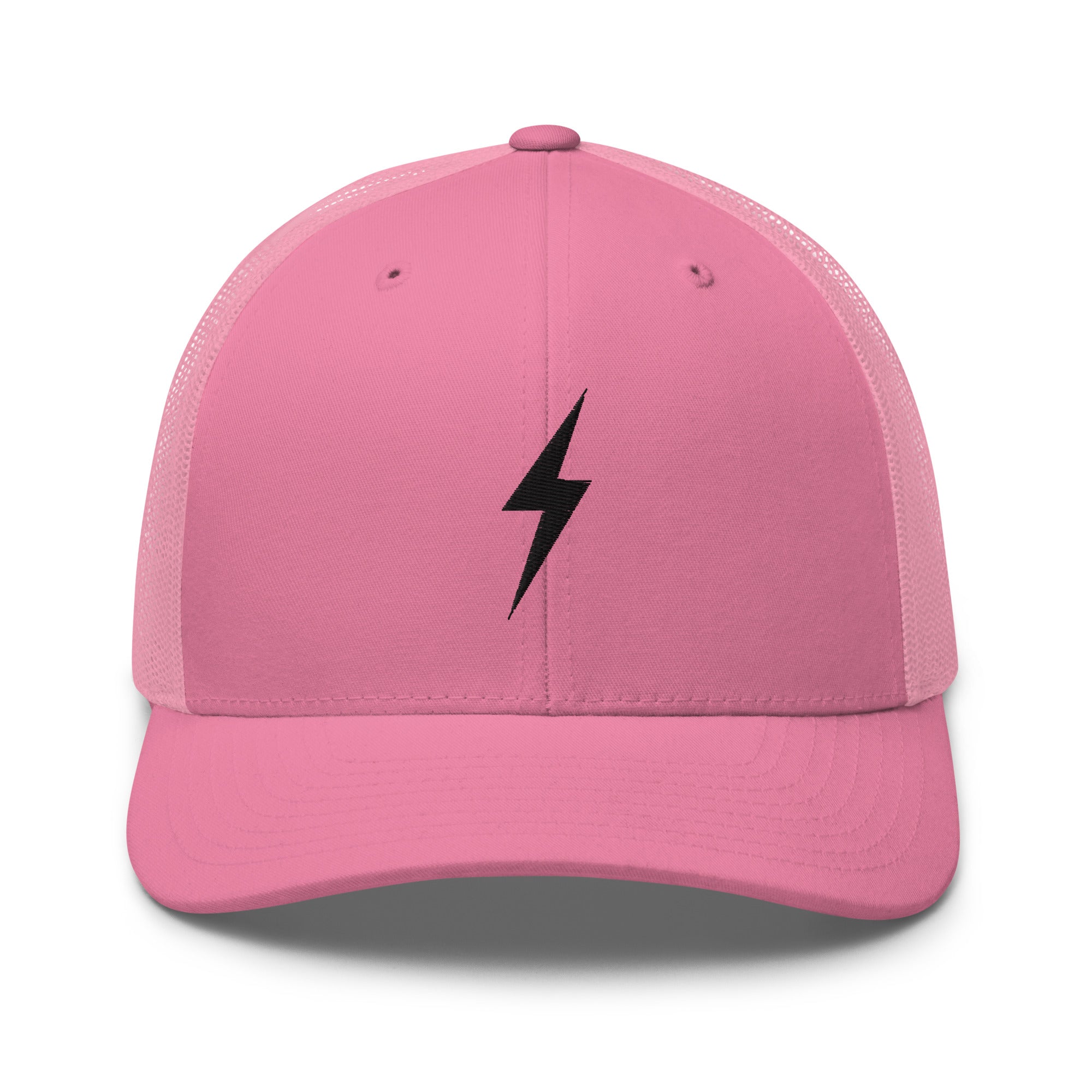 Pink trucker hat with a black lightning bolt design on front panel