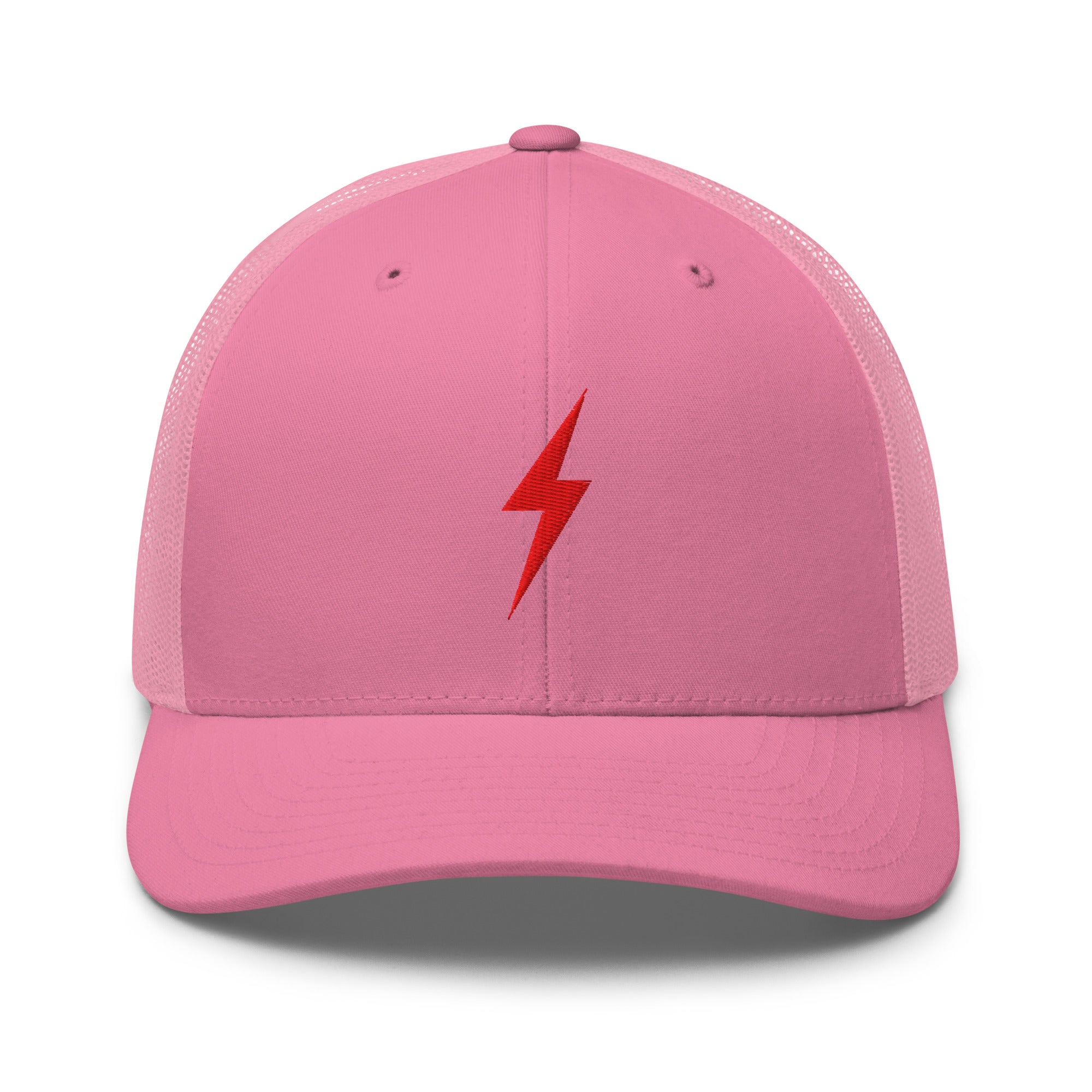 Pink trucker hat with a red lightning bolt design on front panel