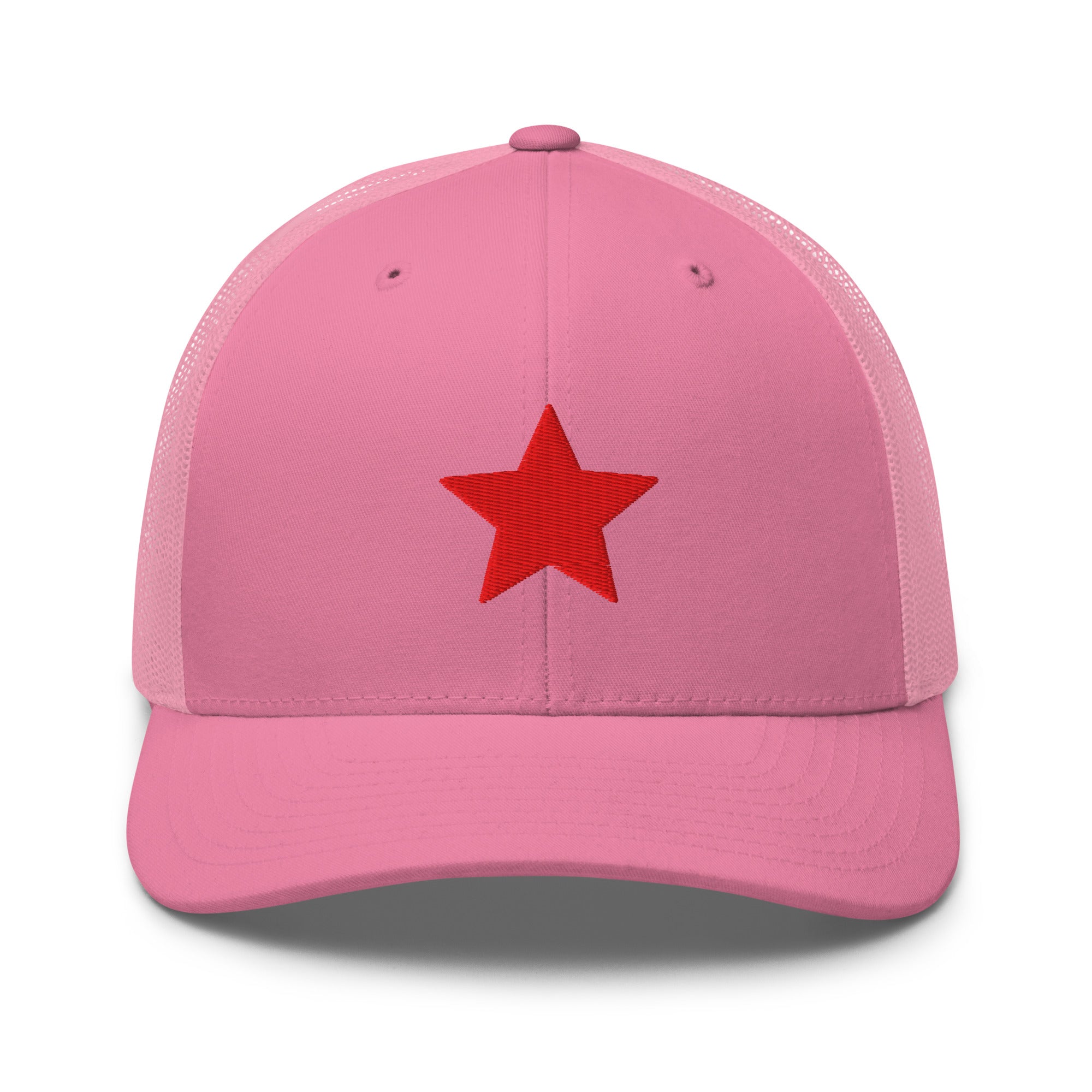 Pink truckers hat with an embroidered red star, structured front, mesh back, and adjustable fit by Kicks Shoelaces