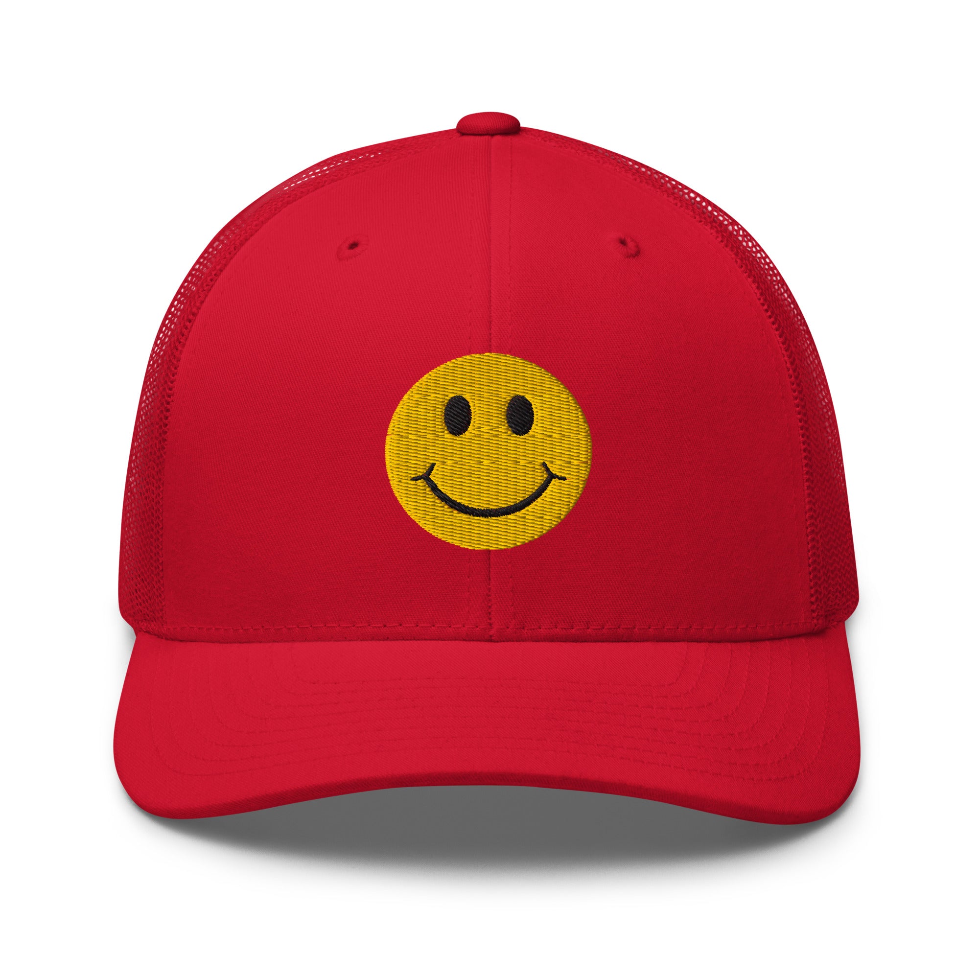 Red smiley face embroidered trucker hat with adjustable mesh back, perfect for casual wear and streetwear style.