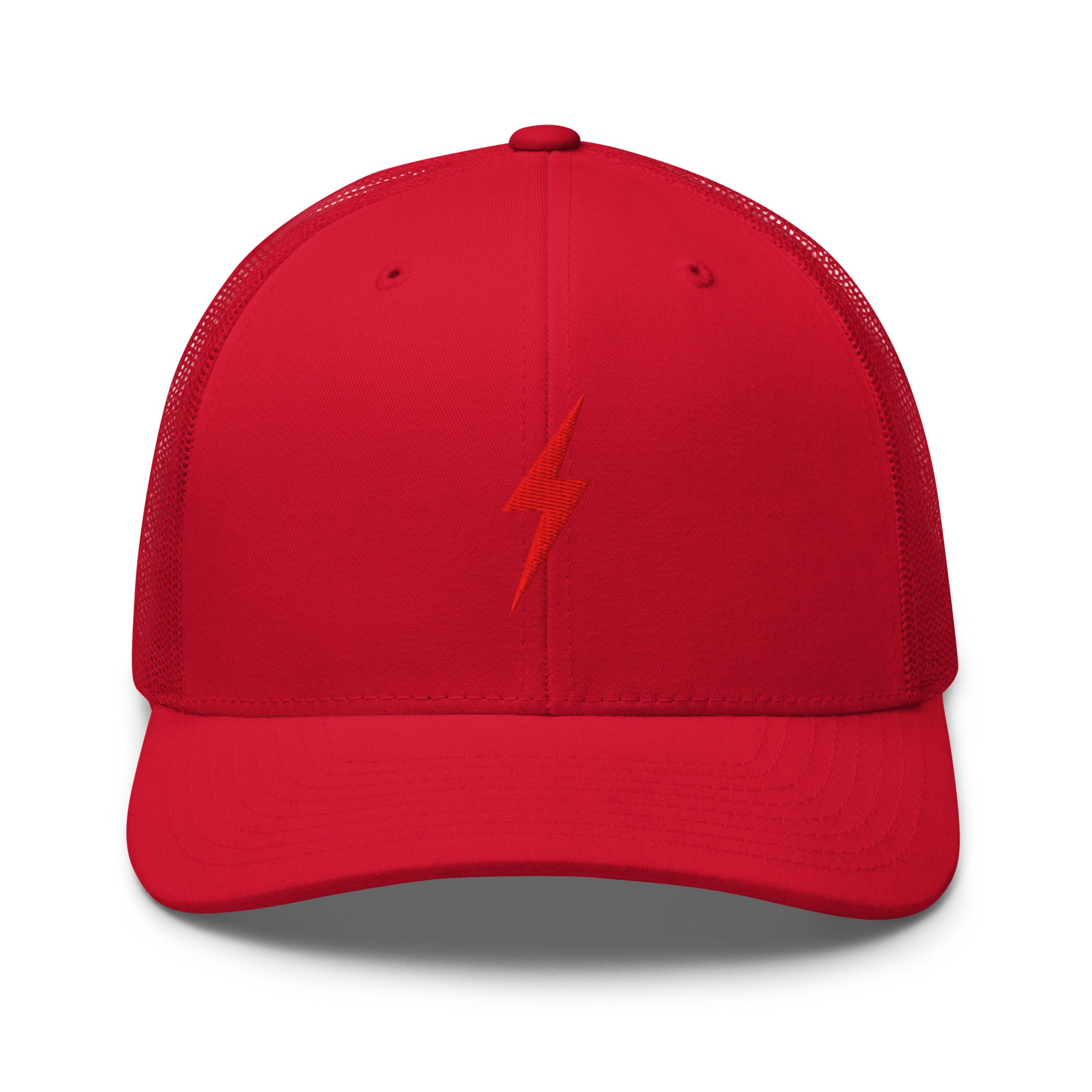Red trucker hat with an embroidered  red lightning bolt design on the front panel