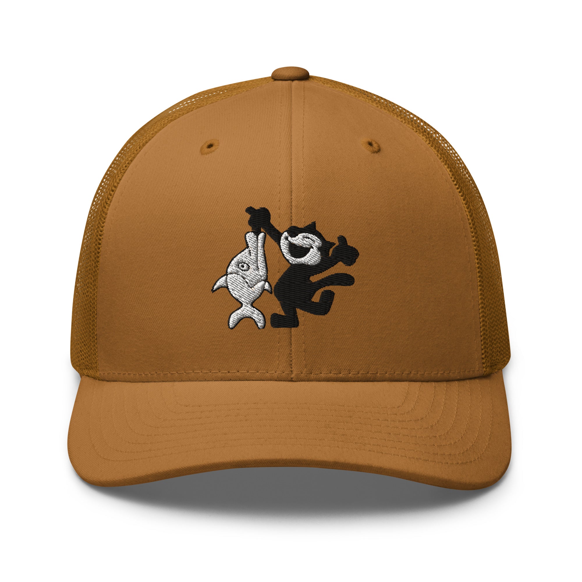 Caramel trucker hat featuring a 1920 Felix the Cat design with a fish from Disney’s early animation era