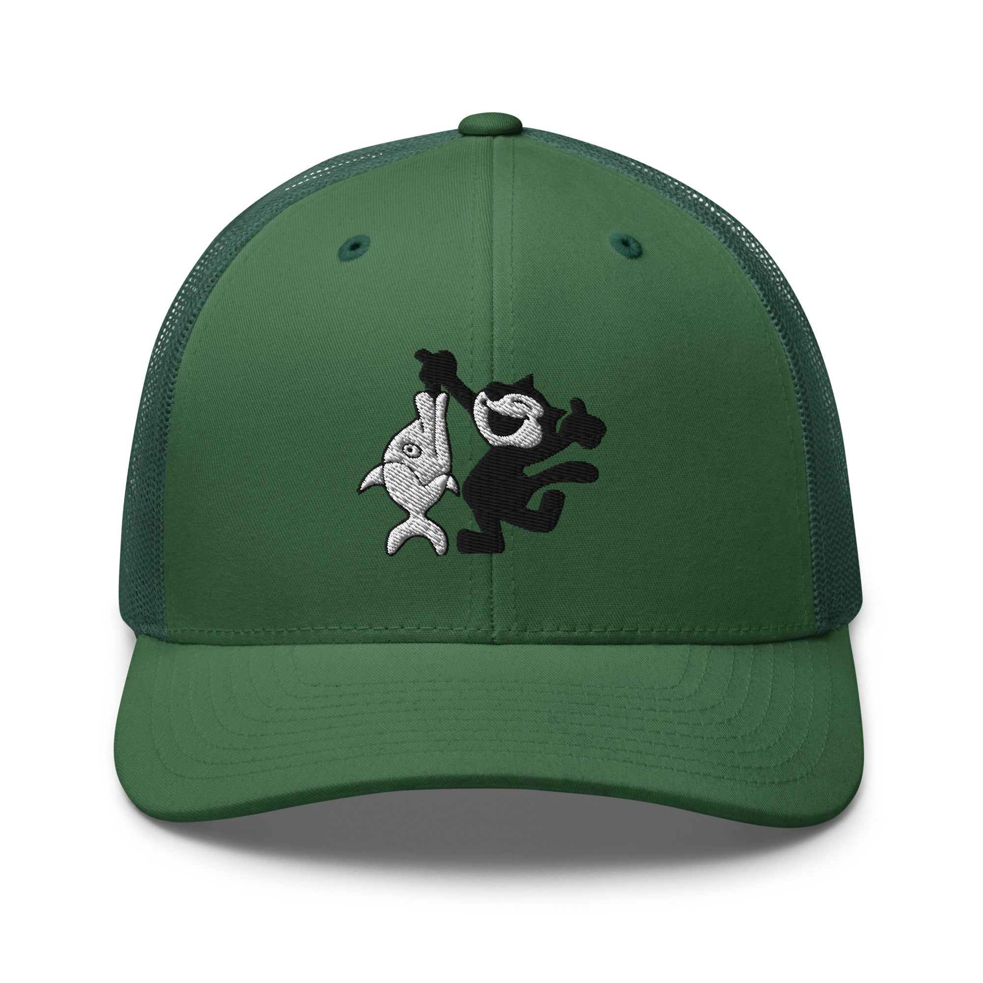 Evergreen trucker hat featuring a 1920 Felix the Cat design with a fish from Disney’s early animation era