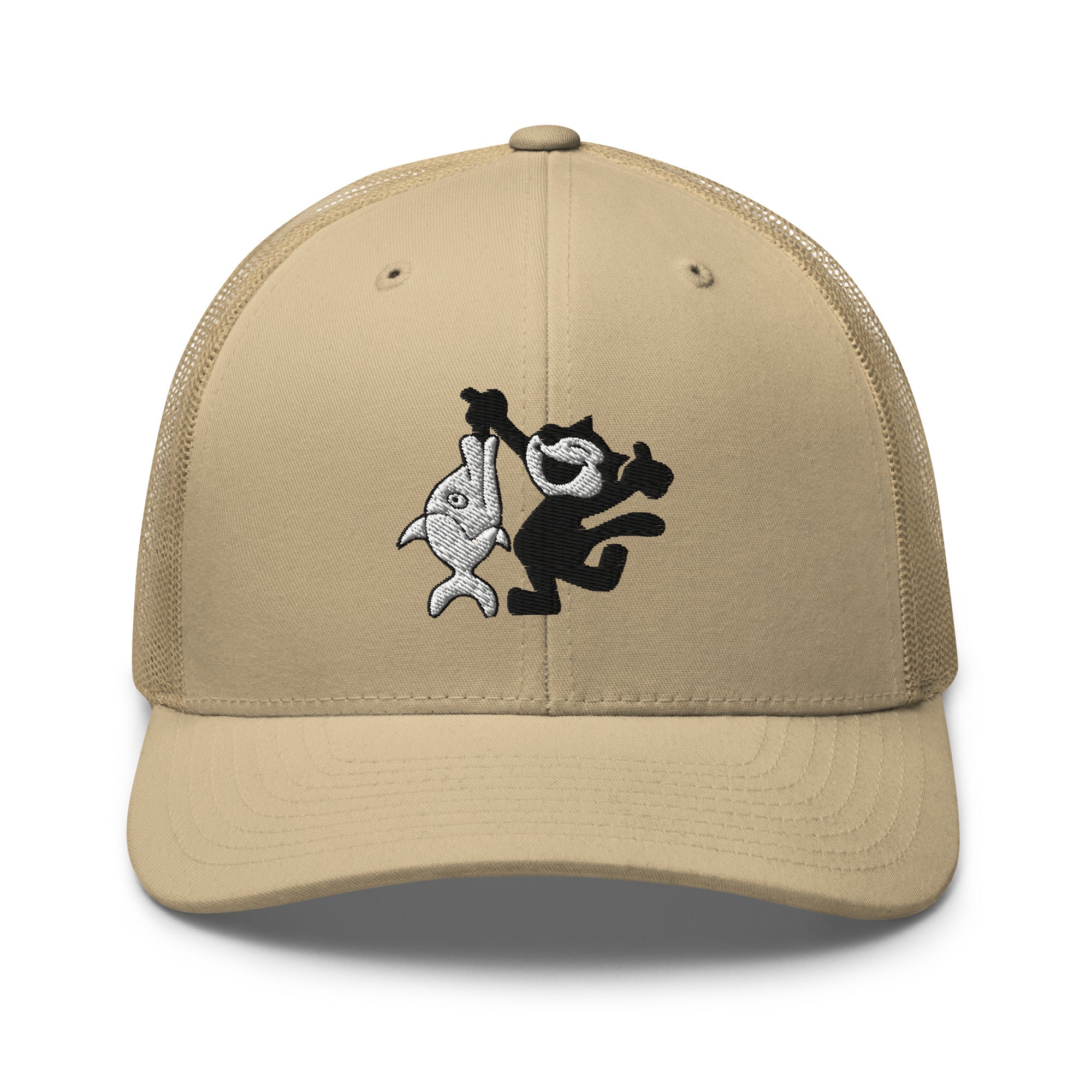Khaki  trucker hat featuring a 1920 Felix the Cat design with a fish from Disney’s early animation era