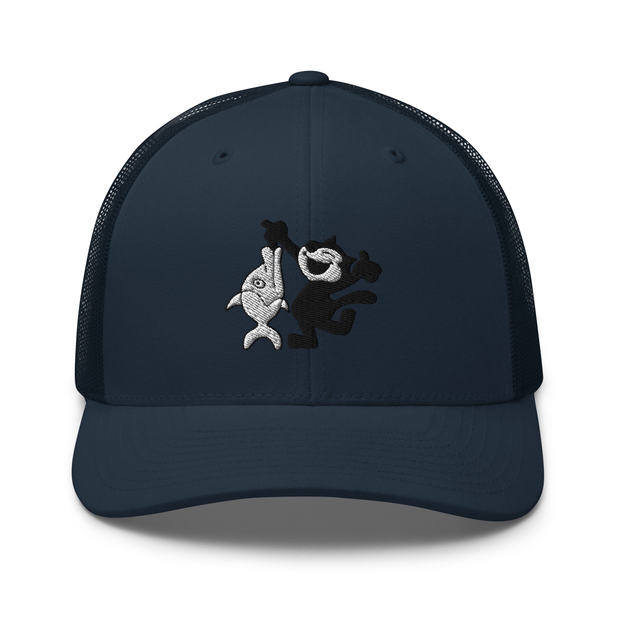 Navy trucker hat featuring a 1920 Felix the Cat design with a fish from Disney’s early animation era