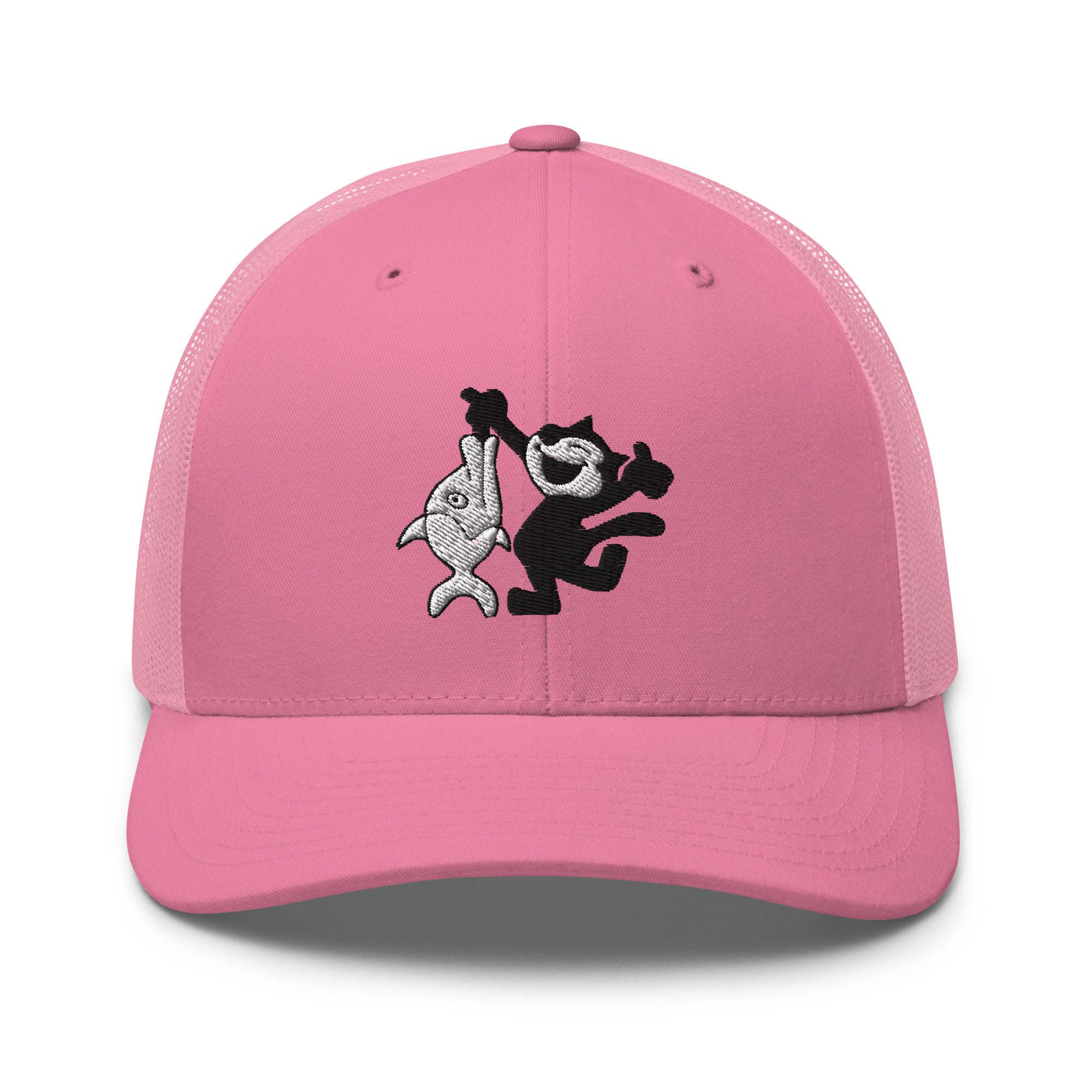 Pink trucker hat featuring a 1920 Felix the Cat design with a fish from Disney’s early animation era