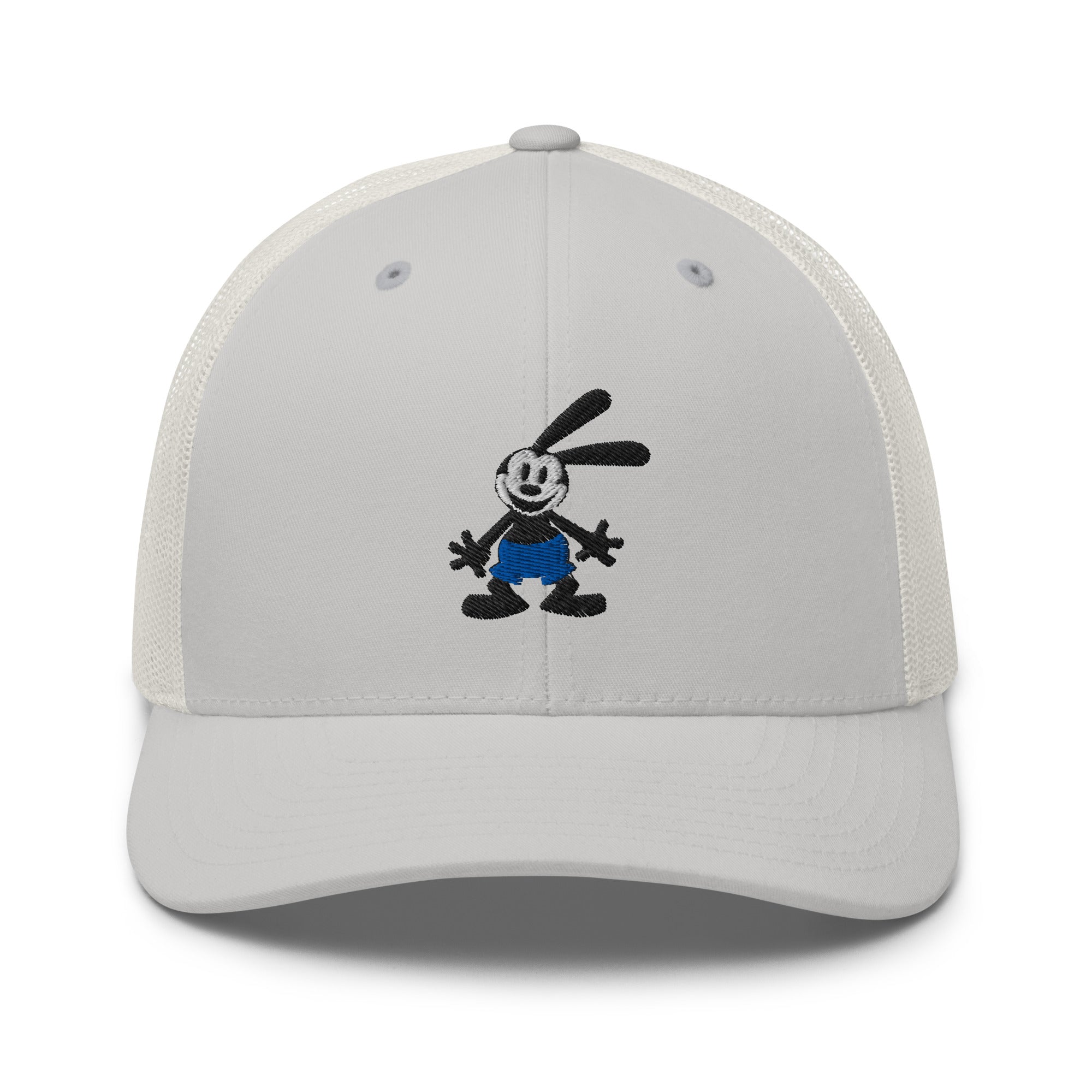 Silver retro trucker hat featuring a 1928 Oswald design from Disney’s early animation era