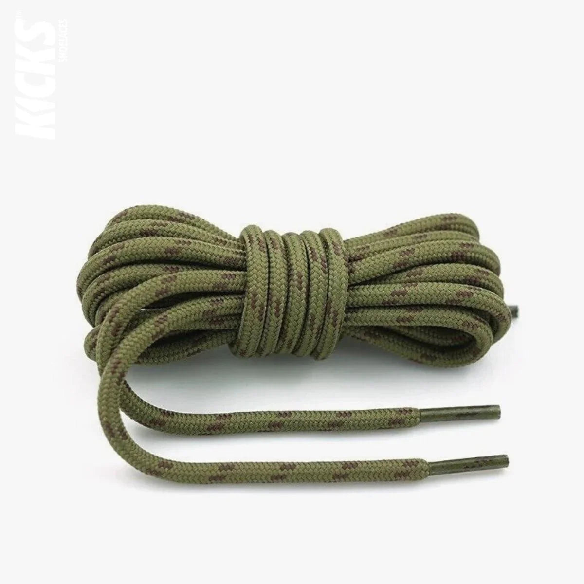 Round army green and brown replacement hiking boot laces for walking shoes and outdoor footwear