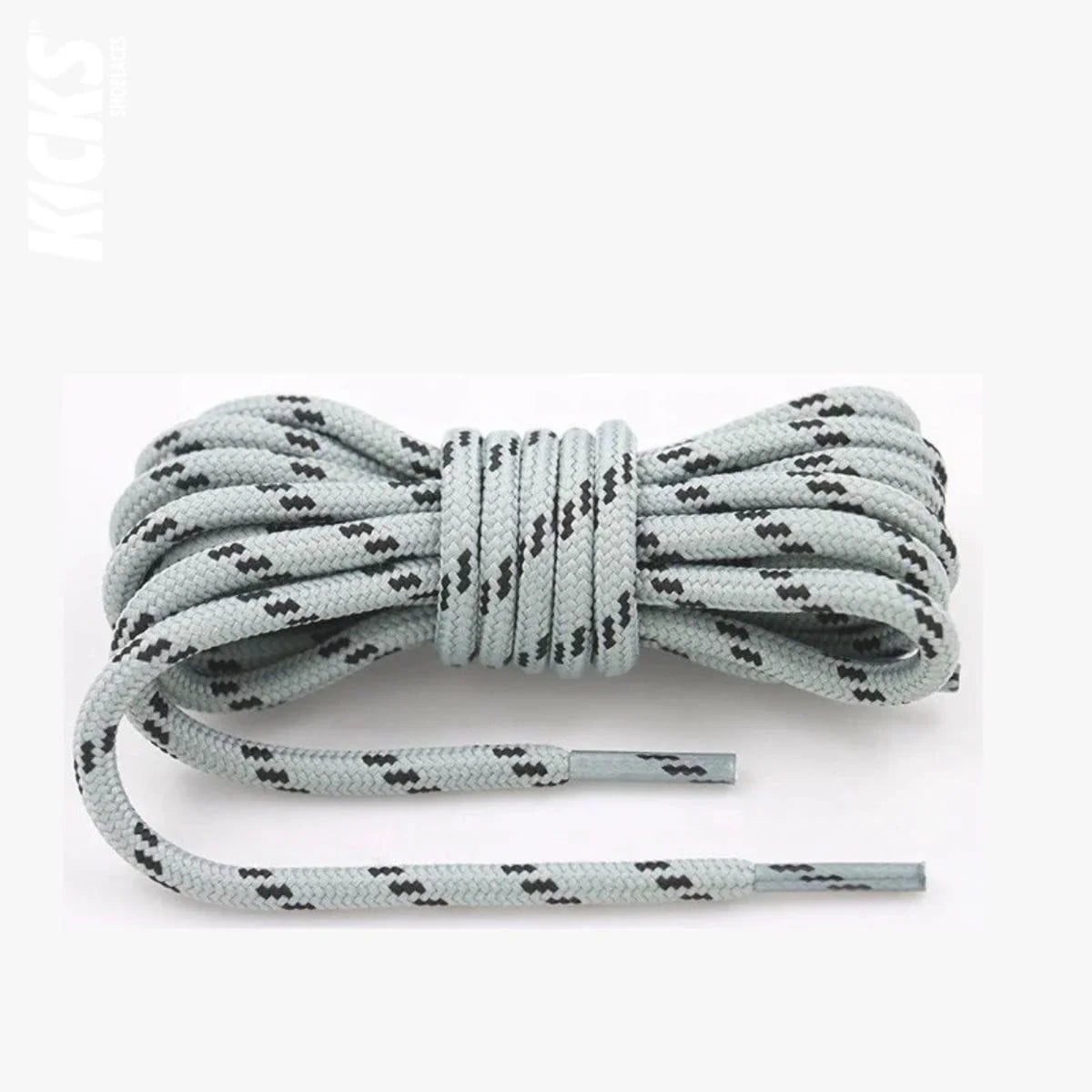 Round light grey and black replacement hiking boot laces for walking shoes and outdoor footwear