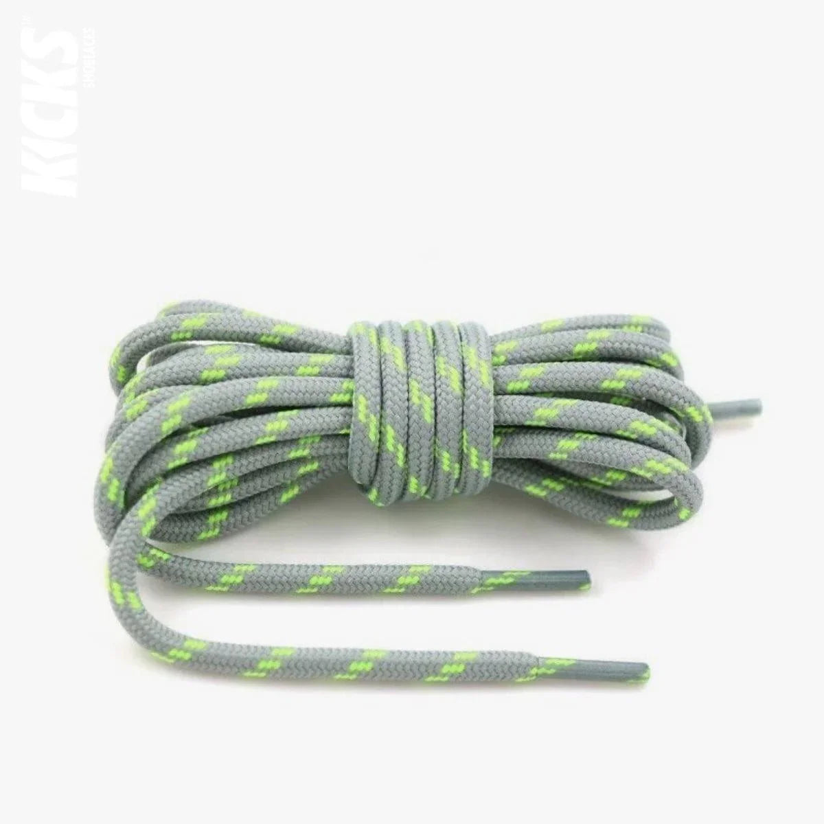 Round light grey and fluorescent green replacement hiking boot laces for walking shoes and outdoor footwear