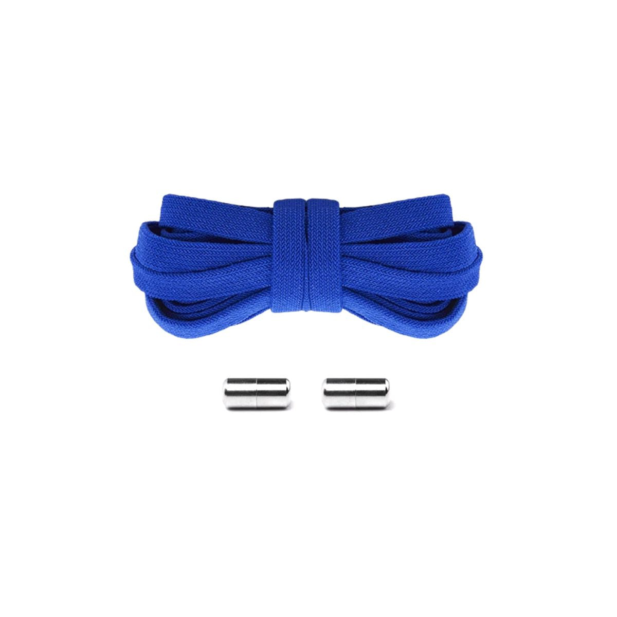 Royal blue elastic no-tie shoelaces with silver capsule lock system for a premium all-black sneaker finish, easy slip-on fit.