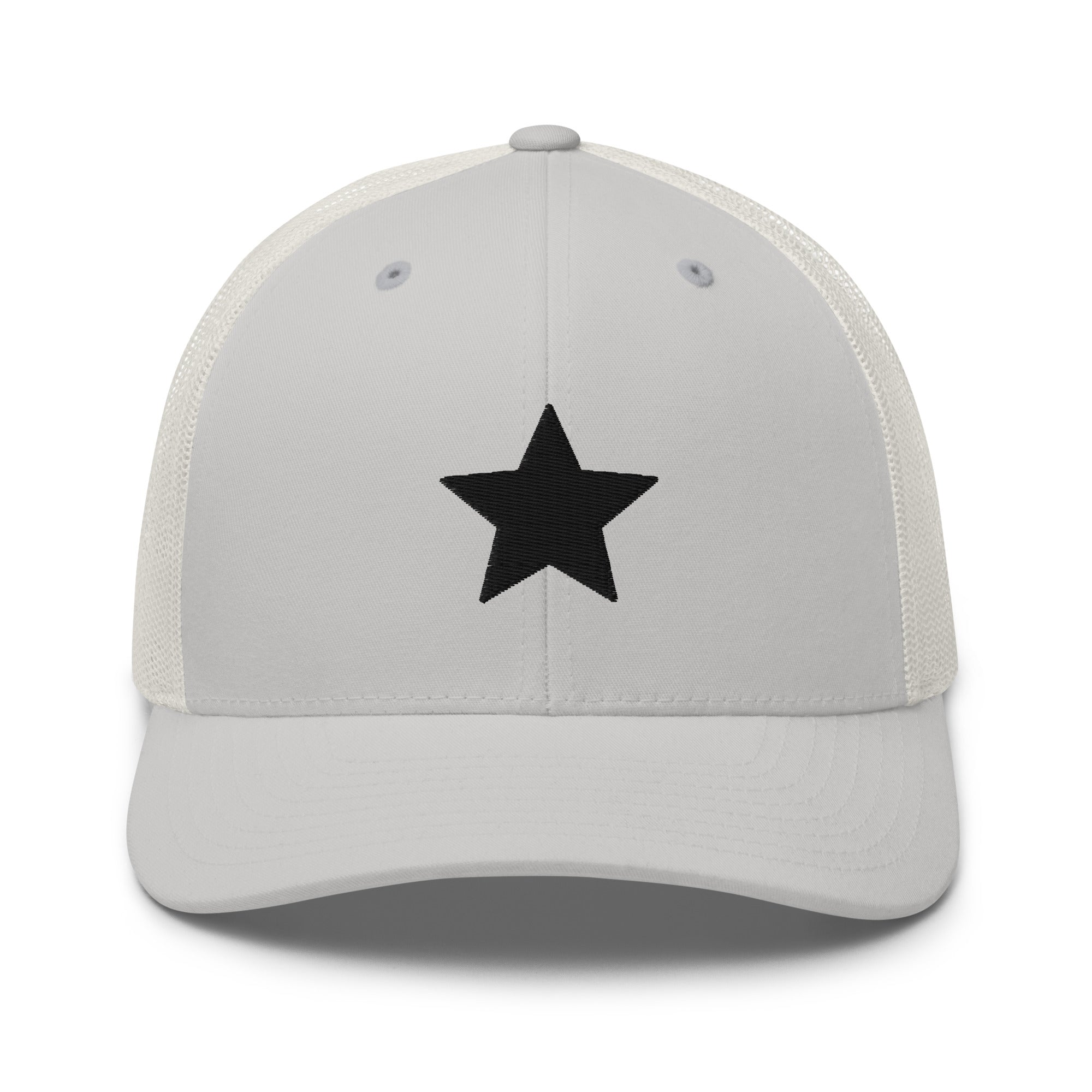 Silver truckers cap with an embroidered black star, structured front, mesh back, and adjustable fit by Kicks Shoelaces