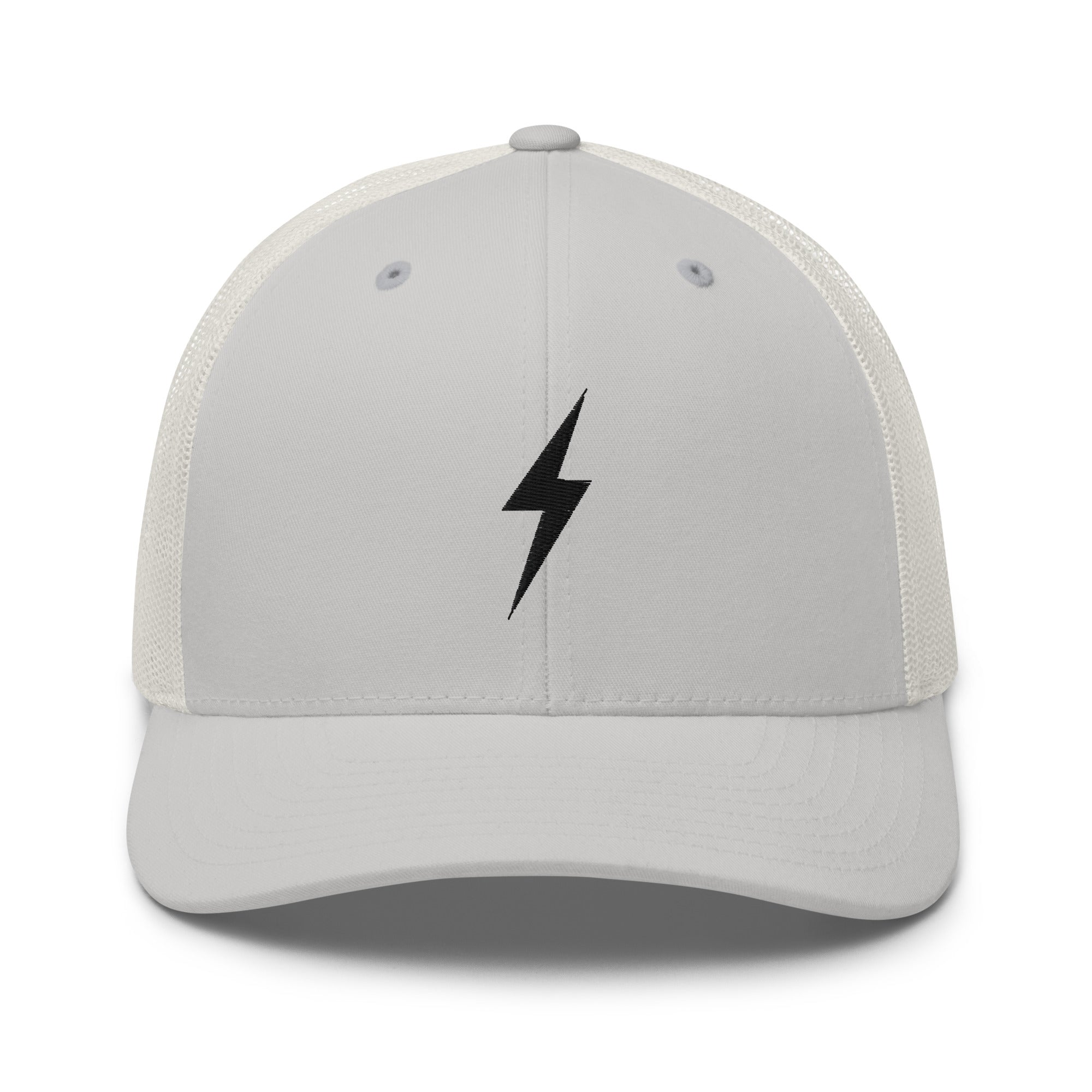 Silver and white trucker hat with a black lightning bolt design on front panel