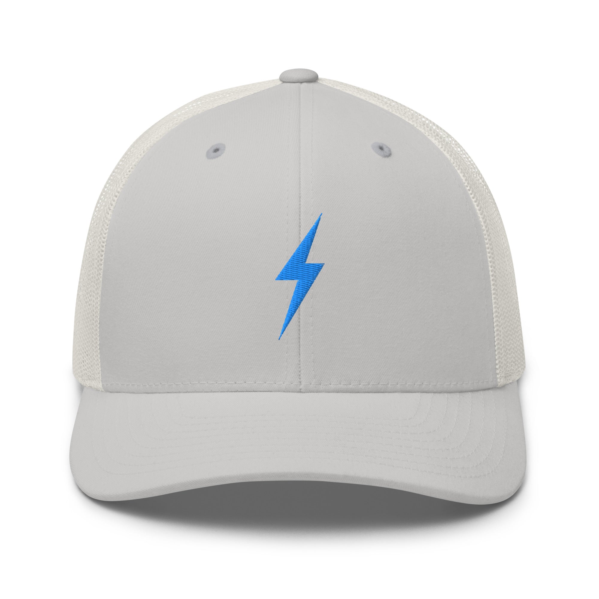 Silver and white trucker hat with a sky blue lightning bolt design on front panel