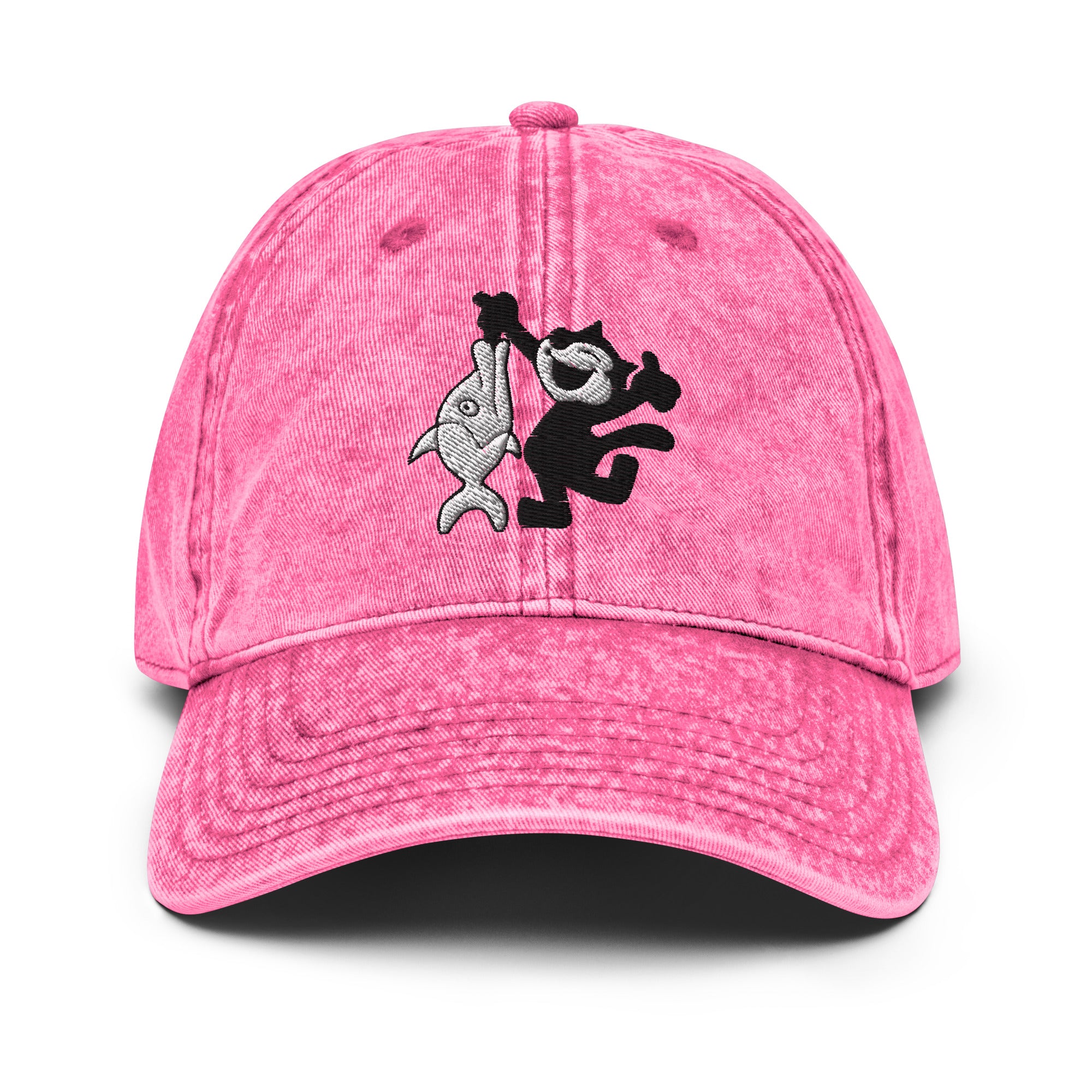 Pink vintage baseball cap featuring a 1920 Felix the Cat design with a fish from Disney’s early animation era