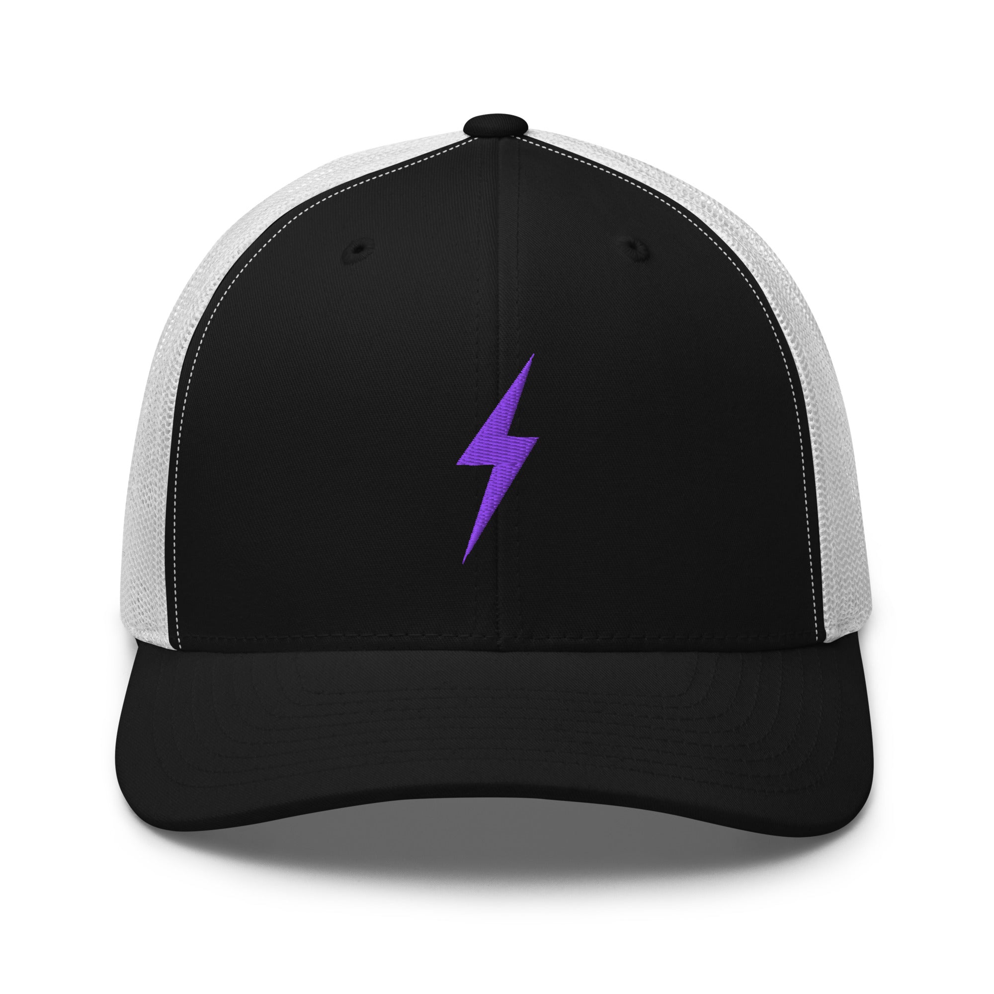 White and black trucker hat with an embroidered purple lightning bolt design on the front panel