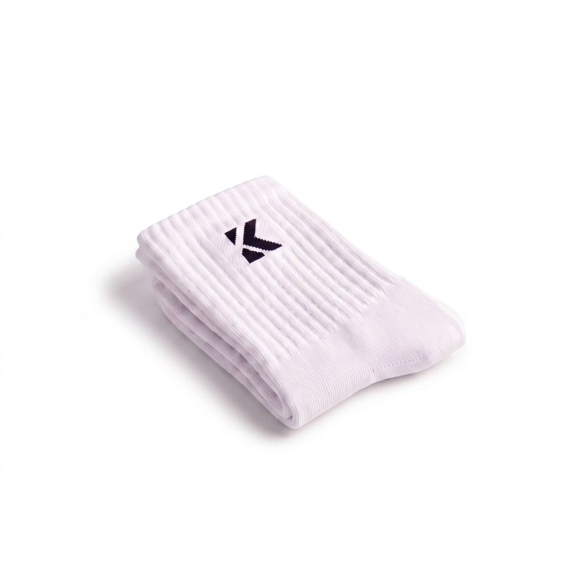 Folded white crew sock with a soft jacquard knit logo and premium construction.