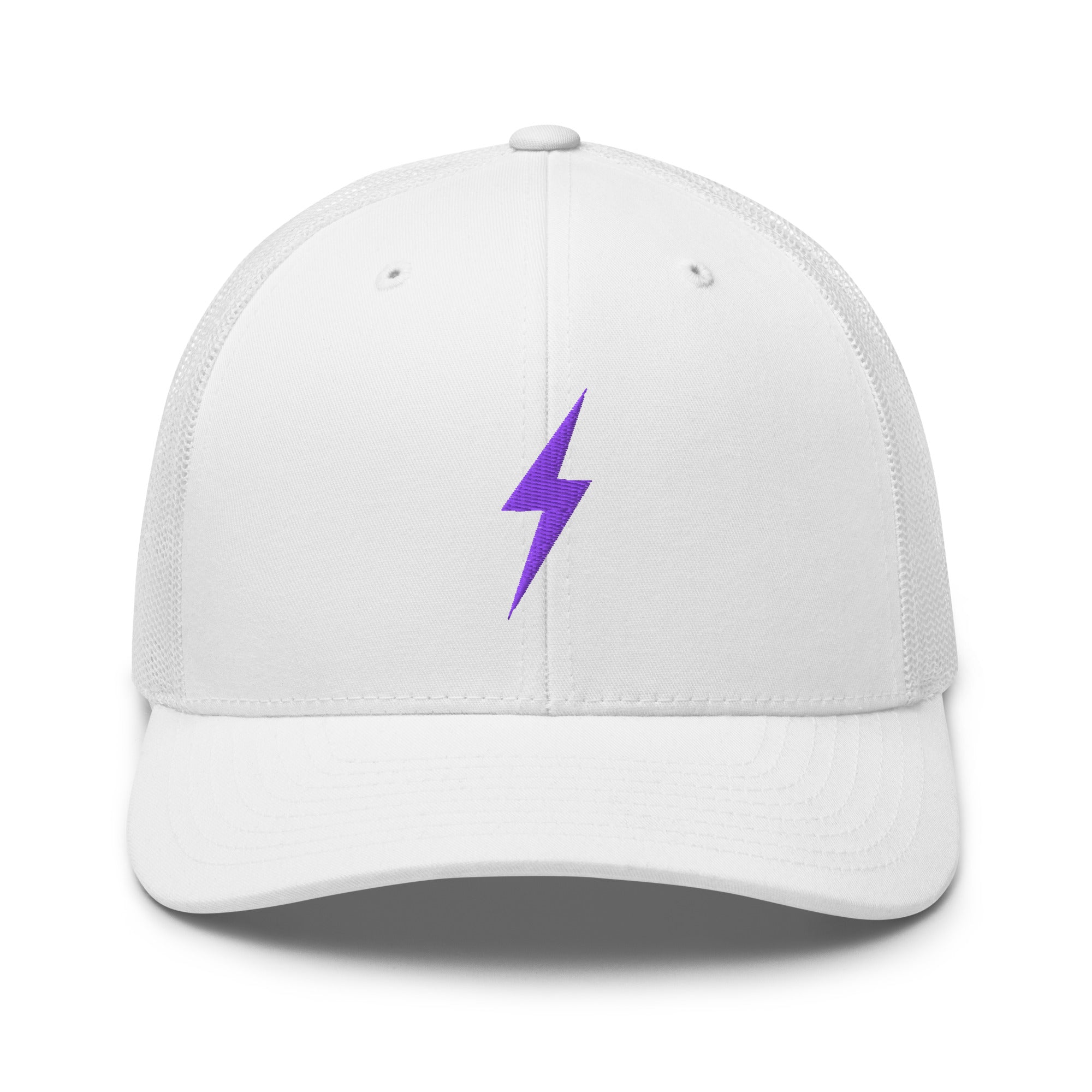 White trucker hat with a purple lightning bolt design on front panel