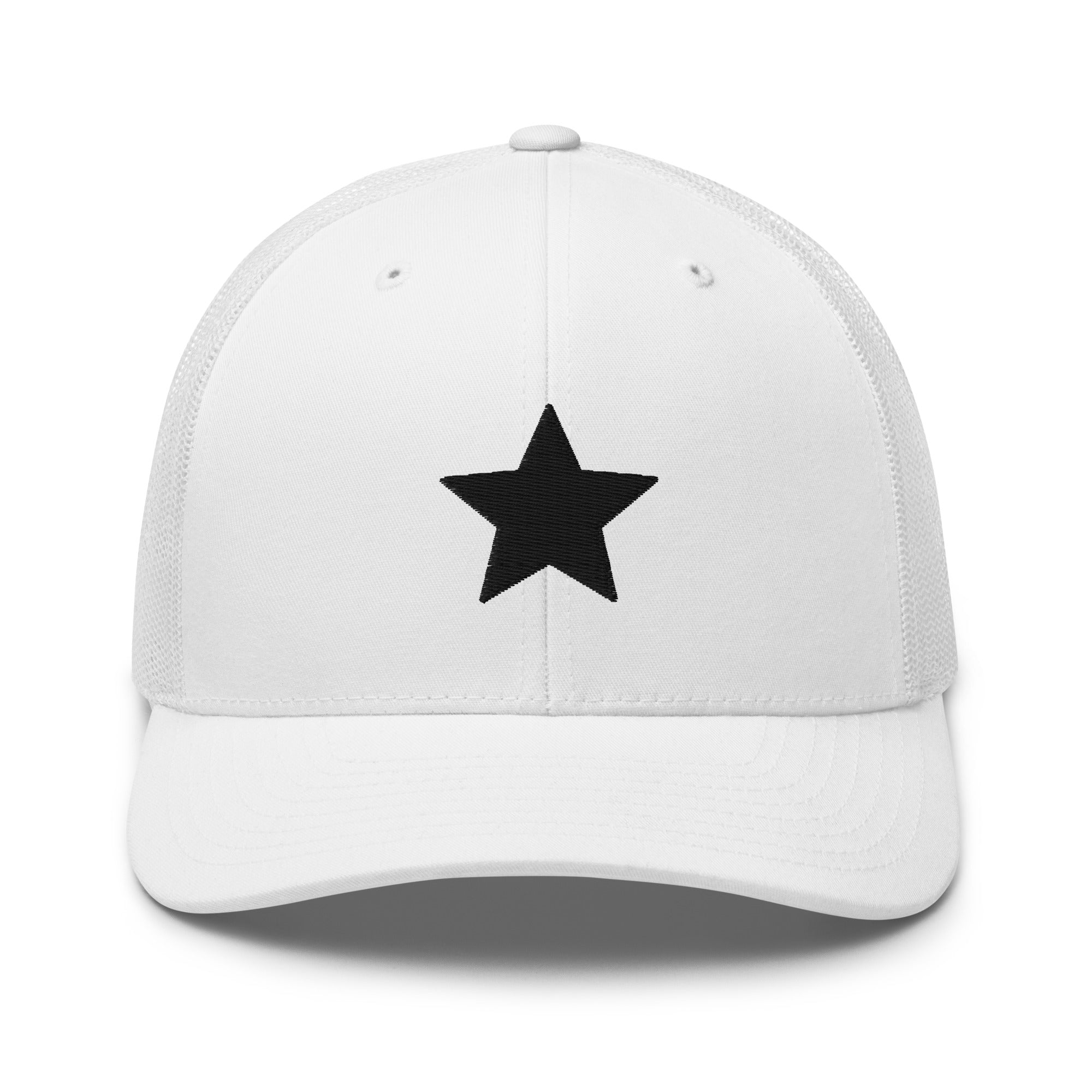 White truckers cap with an embroidered black star, structured front, mesh back, and adjustable fit by Kicks Shoelaces
