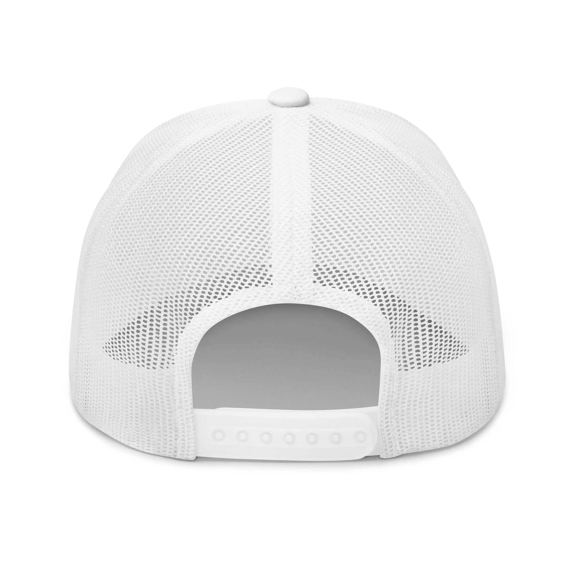 Rear view of white truckers hat with adjustable snapback closure
